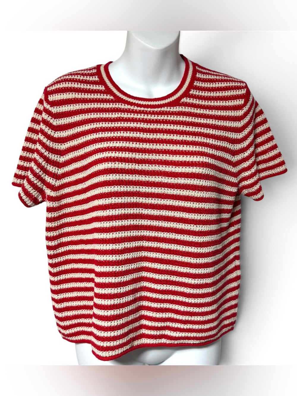 J.Crew Red Cream Stripe Cotton Linen Knit Sweater Tee S Coastal Preppy Nautical